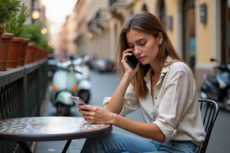 Jeune femme au café à Rome utilisant son smartphone pour appeler