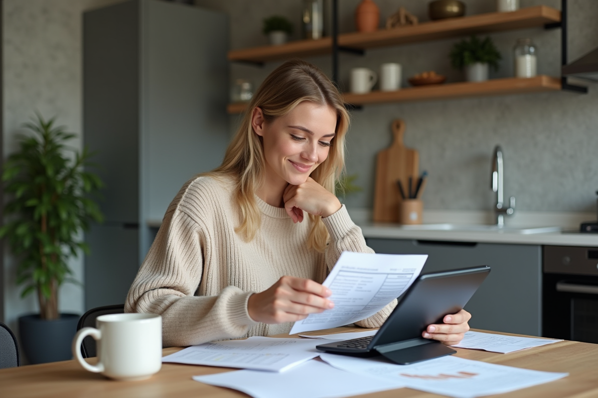 Jeune femme utilisant une calculatrice et un formulaire fiscal à la maison