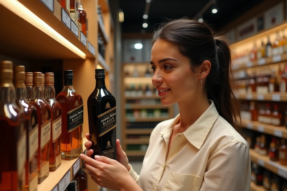 Femme comparant des bouteilles de Johnnie Walker Black Label et Double Black dans une boutique de spiritueux