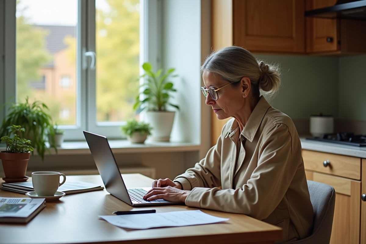 Femme compare les prix Piwi 50 sur son ordinateur à la maison