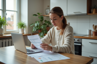 Femme comparant ses factures d electricite dans sa cuisine