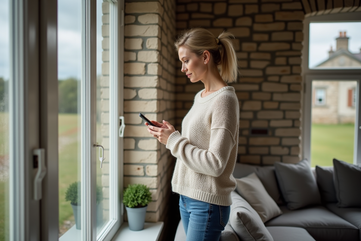 Femme concentrée avec smartphone dans son salon