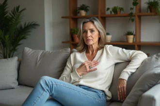 Femme d'âge moyen dans un salon moderne avec expression préoccupée