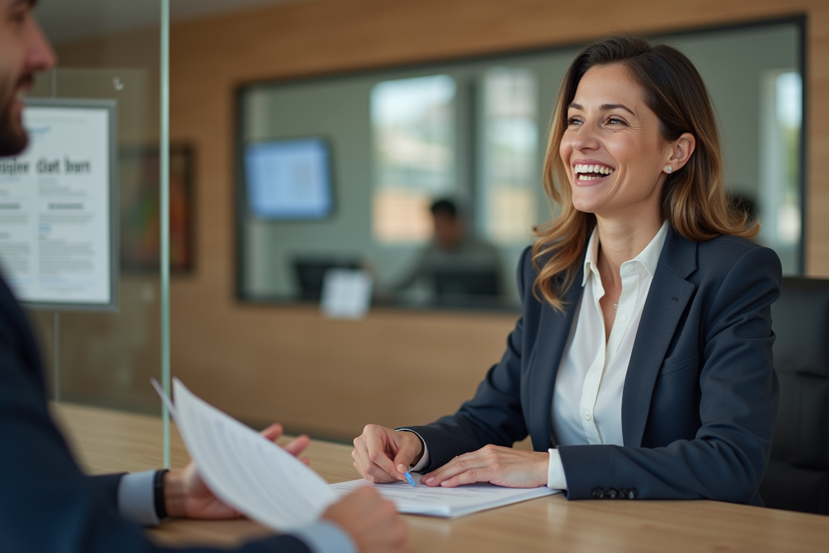 Femme souriante en banque discutant avec conseiller