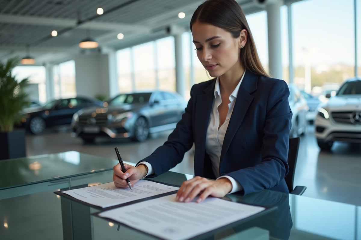 Jeune femme conseillère automobile examine des documents au bureau