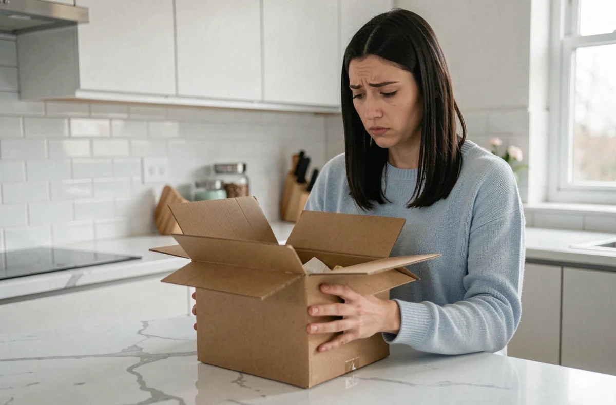 Femme déçue ouvrant un colis de commande en ligne de cartes Pokémon avec un contenu décevant sur un comptoir de cuisine