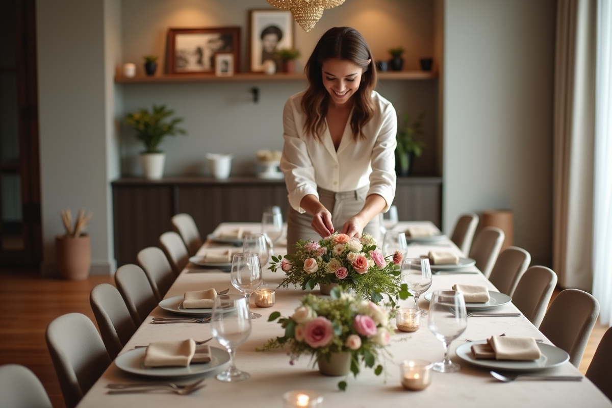 Femme arrangeant un centre de fleurs sur une table de fête