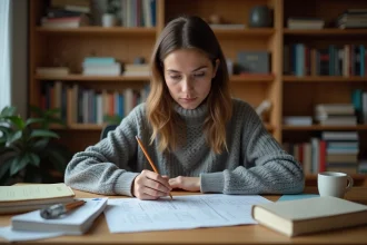 Femme concentrée résolvant une énigme logique difficile à son bureau avec des notes manuscrites et des livres de puzzles