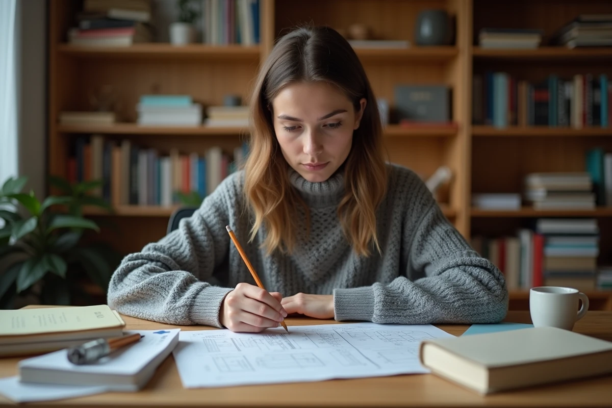 Femme concentrée résolvant une énigme logique difficile à son bureau avec des notes manuscrites et des livres de puzzles