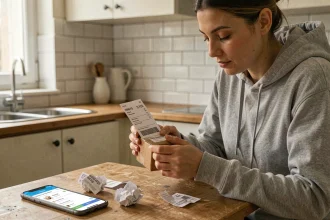 Femme lisant une étiquette d'expédition Mondial Relay avec un colis posé sur une table de cuisine, factures visibles autour d'elle