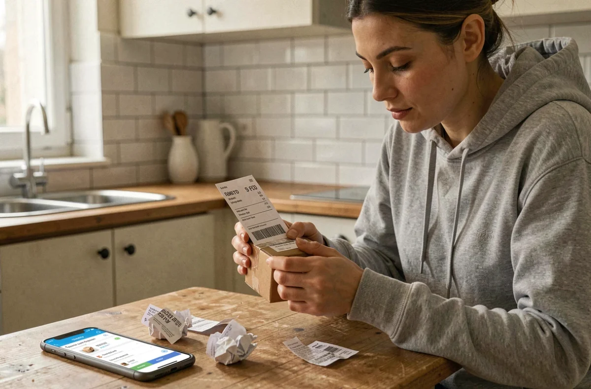 Femme lisant une étiquette d'expédition Mondial Relay avec un colis posé sur une table de cuisine, factures visibles autour d'elle