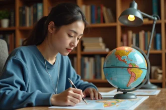 Jeune femme étudiant une carte du monde et un globe terrestre pour mémoriser les pays les plus peuplés