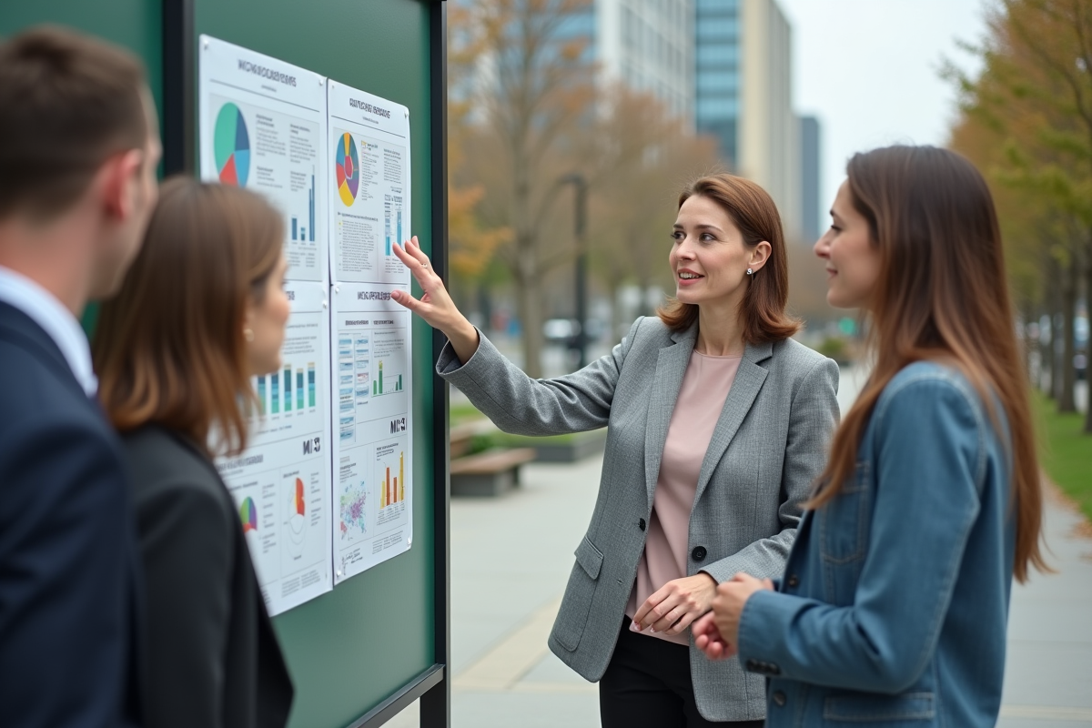 Femme en extérieur expliquant graphiques à ses collègues