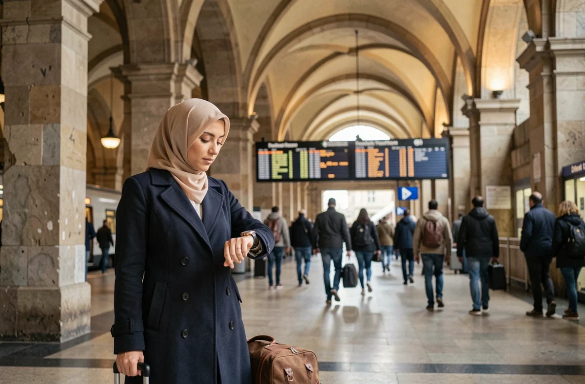 Femme en hijab consultant l'heure dans une gare lors d'un voyage, horaires de prière en déplacement