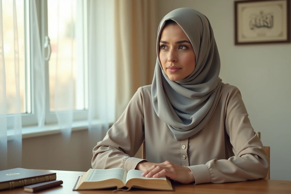 Femme voilée lisant le Coran et réfléchissant à la douaa istikhara, bureau minimaliste avec carnet et stylo