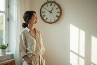 Jeune femme contemplant une horloge affichant 11h01, thème heure miroir et flamme jumelle