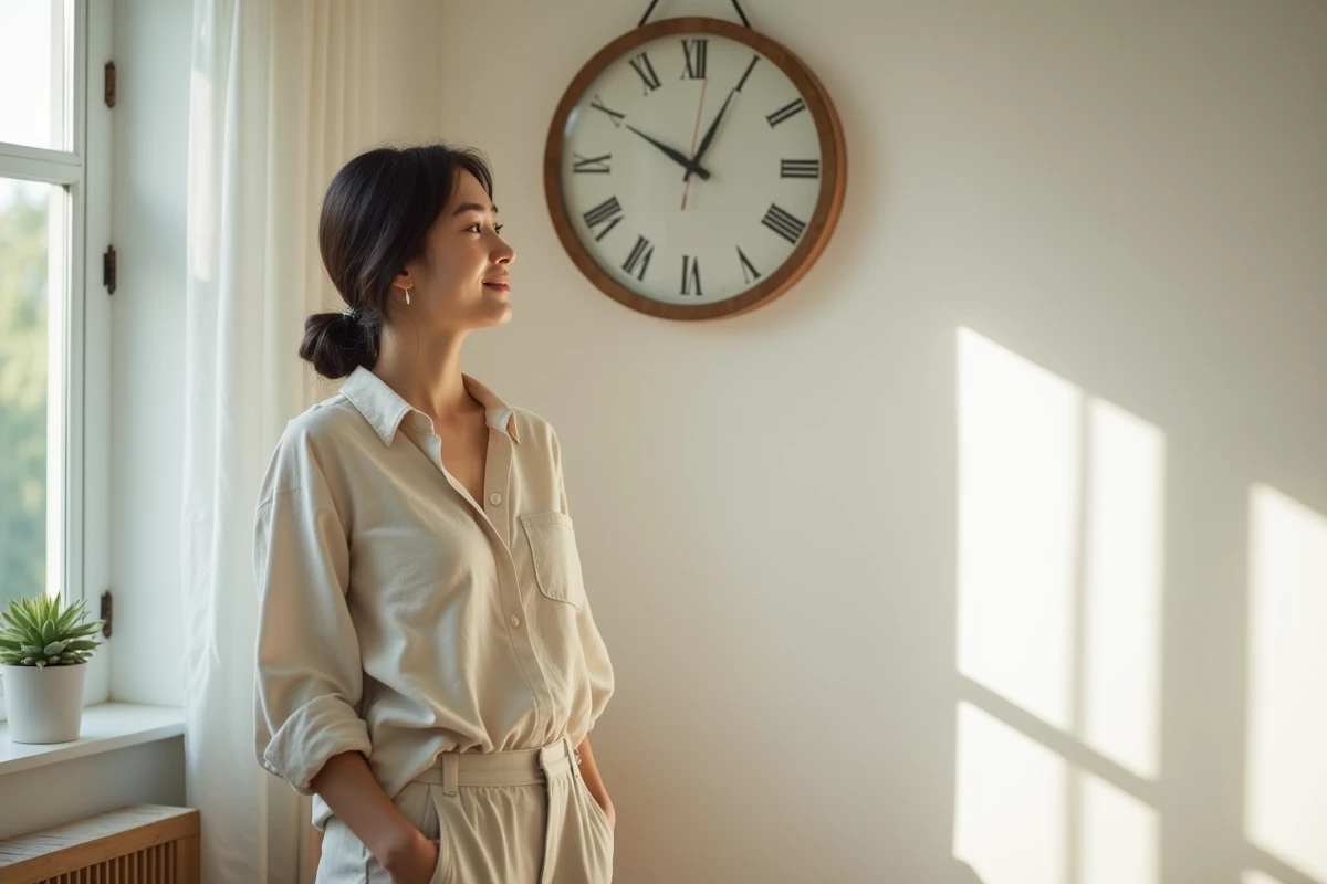 Jeune femme contemplant une horloge affichant 11h01, thème heure miroir et flamme jumelle