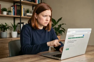 Femme scrutant un lien suspect sur son ordinateur portable pour identifier une arnaque en ligne