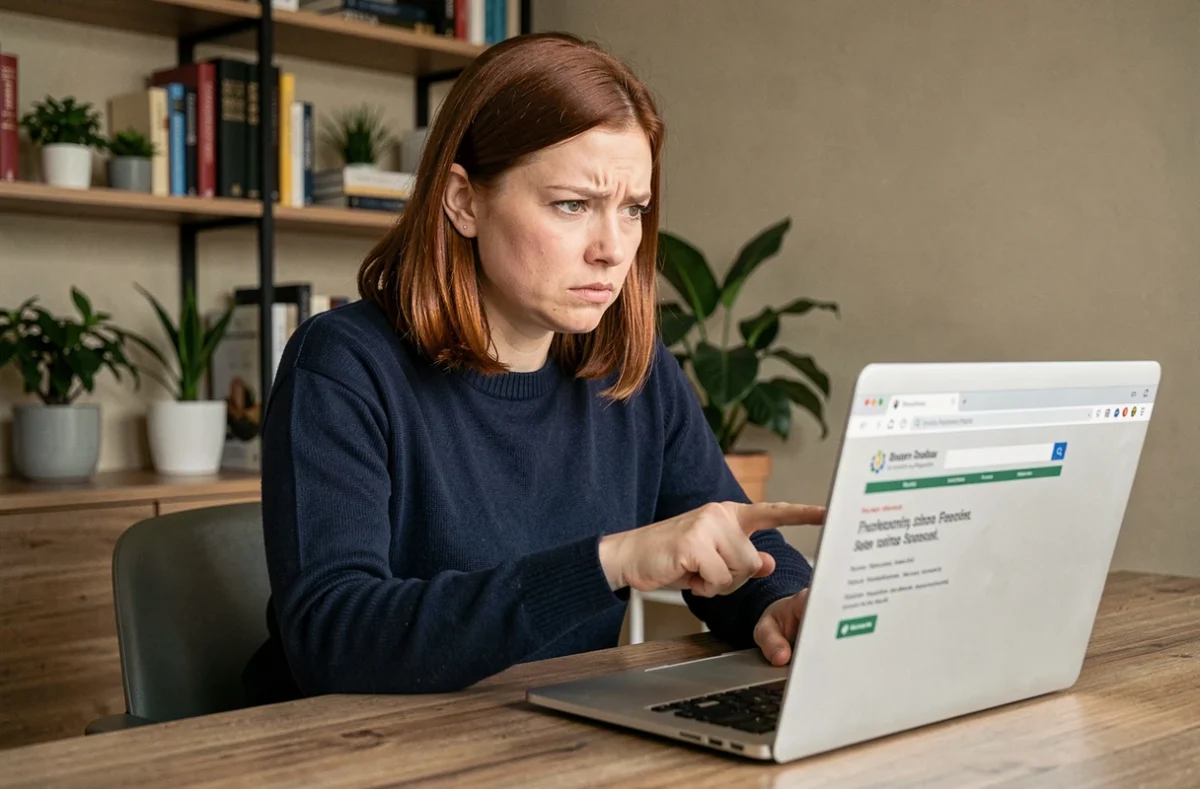 Femme scrutant un lien suspect sur son ordinateur portable pour identifier une arnaque en ligne
