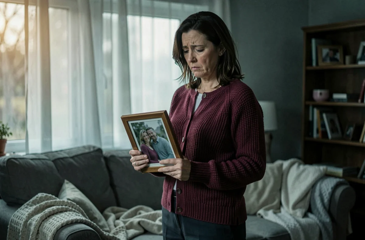 Femme pensive tenant une photo de couple dans un salon, visage troublé reflétant une inquiétude sur le changement de comportement de son partenaire