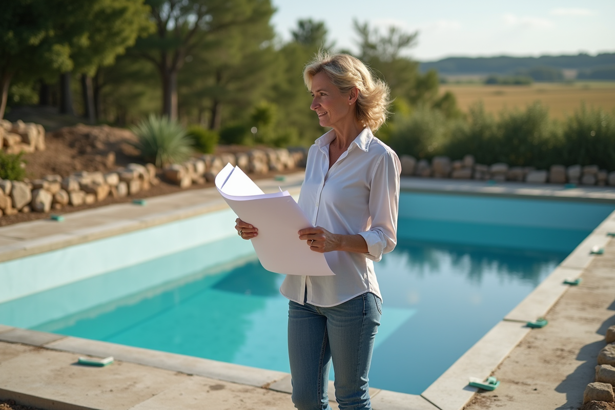 Femme en vêtements de jardinage regardant le chantier de la piscine