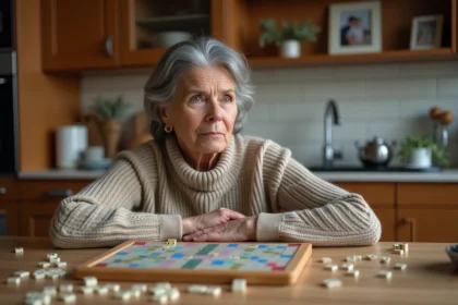 Femme d'âge moyen jouant au Scrabble dans la cuisine