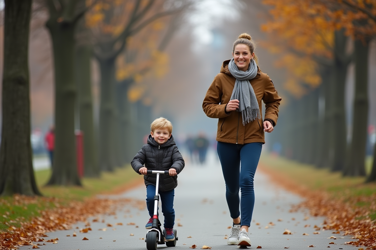 Femme courant avec son enfant en trottinette dans un parc