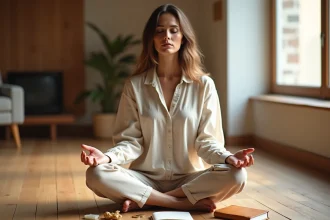 Femme en méditation entourée de pièces et cristaux pour manifester l'abondance lors de la pleine lune de novembre