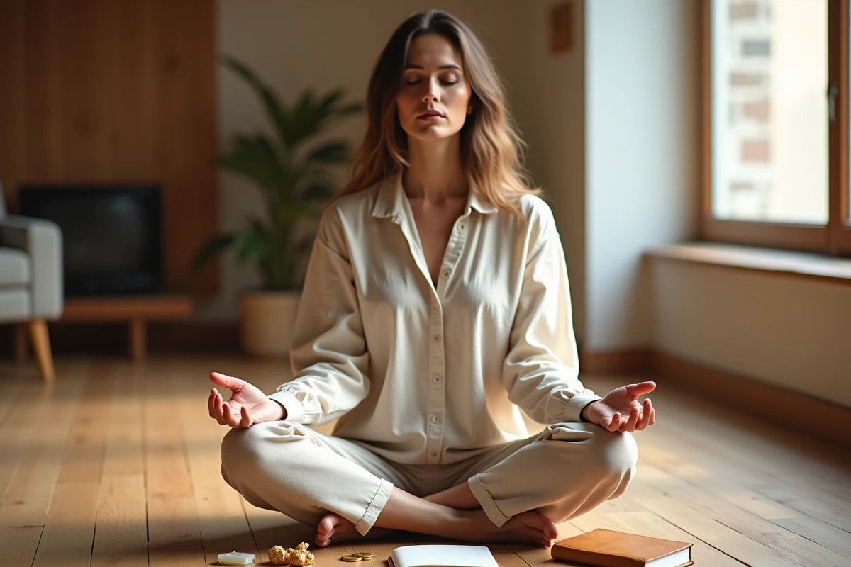 Femme en méditation entourée de pièces et cristaux pour manifester l'abondance lors de la pleine lune de novembre
