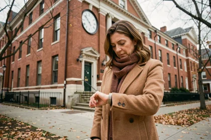 Femme consultant sa montre devant un bâtiment de Washington DC en automne, illustrant le changement d'heure