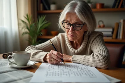Femme remplissant une grille de mots fléchés sur une table en bois avec un stylo bille et un café