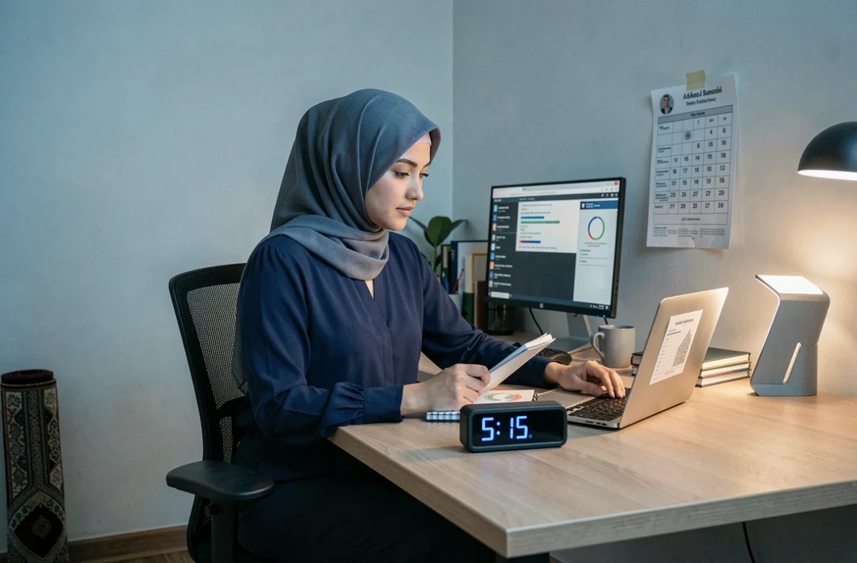 Femme musulmane organisant son emploi du temps entre prière Fajr et obligations professionnelles à son bureau