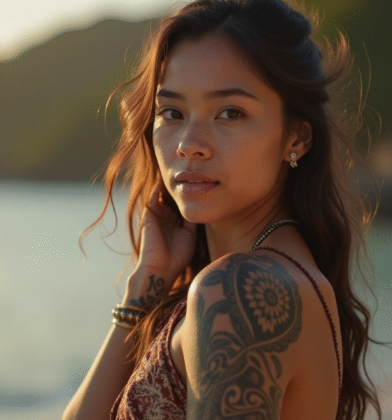 Jeune femme polynesienne avec tatouages traditionnels