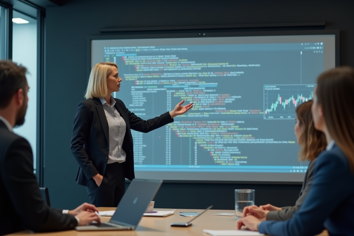 Femme présentant un code fintech dans une salle de réunion