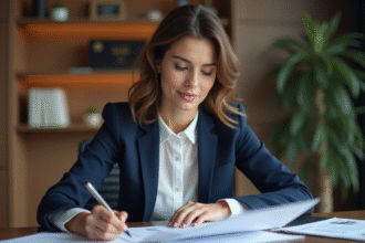 Femme d'affaires en blazer bleu examinant des rapports financiers