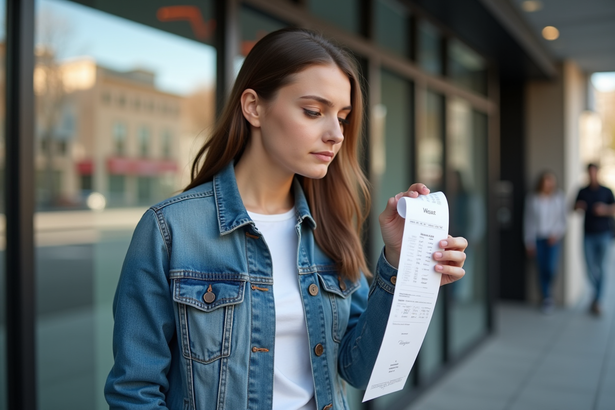 Jeune femme regardant un reçu devant une banque en ville