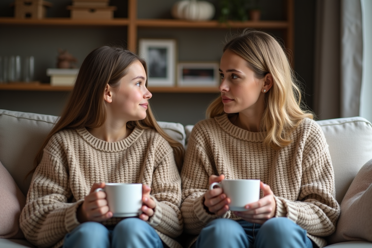 Femme pensant avec une adolescente dans un salon chaleureux