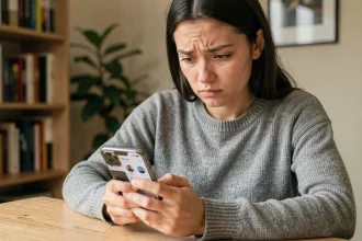Jeune femme scrutant des indices sur les réseaux sociaux liés à Vatrab com avec un regard sceptique