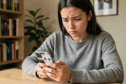 Jeune femme scrutant des indices sur les réseaux sociaux liés à Vatrab com avec un regard sceptique