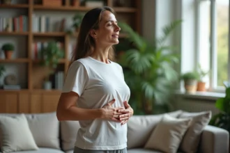 Femme d'âge moyen pratiquant la respiration profonde dans un salon