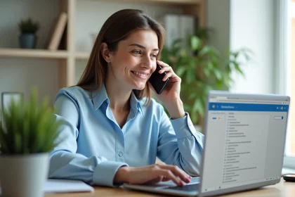 Femme utilisant un service d'annuaire téléphonique 118 sur smartphone et ordinateur portable