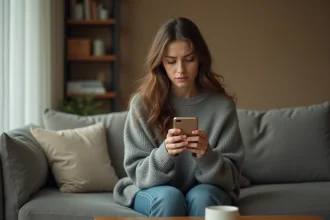 Jeune femme seule sur un canapé regardant son téléphone avec une expression soucieuse, illustrant l'anxiété liée aux réseaux sociaux et aux story ignorées
