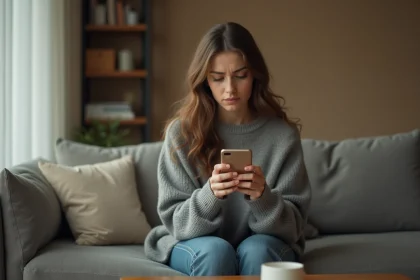 Jeune femme seule sur un canapé regardant son téléphone avec une expression soucieuse, illustrant l'anxiété liée aux réseaux sociaux et aux story ignorées