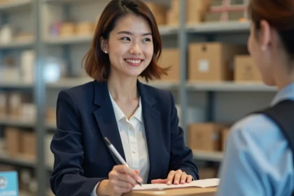 Femme signant un colis dans un point relais moderne