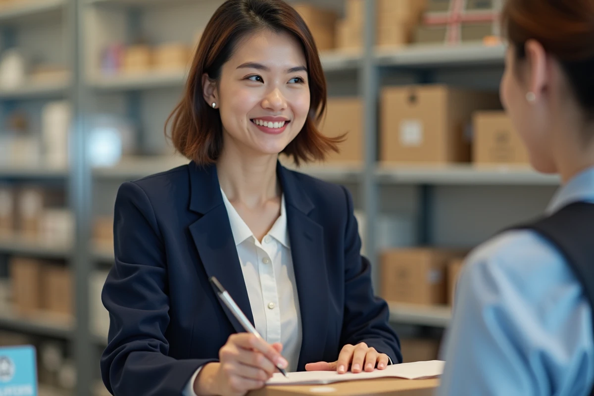 Femme signant un colis dans un point relais moderne