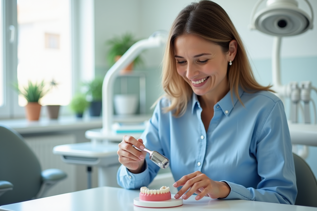 Femme souriante en cabinet dentaire avec modèle de bridge