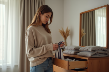Femme en pull cashmere et jeans choisissant un foulard