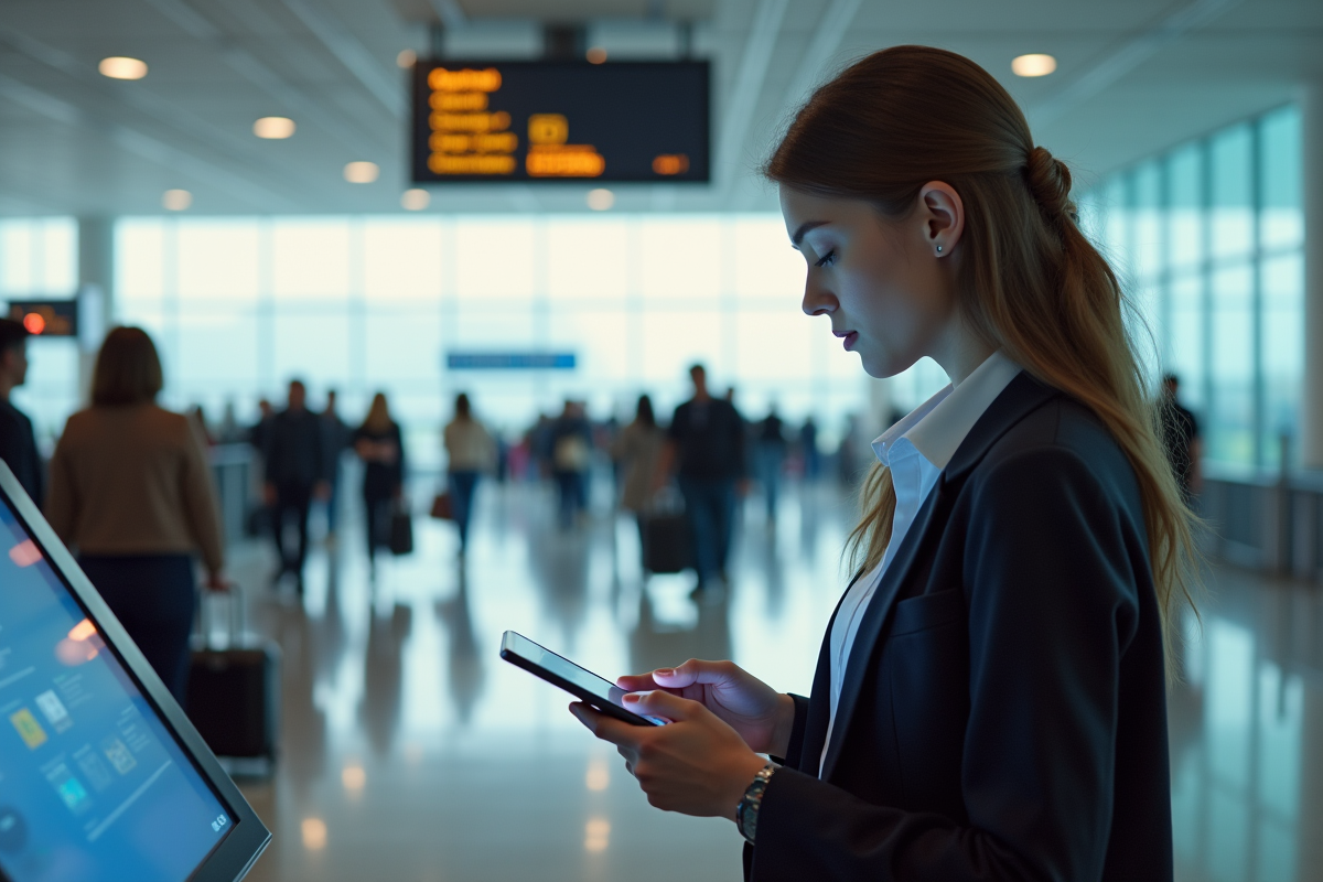 Jeune femme utilisant une tablette dans un aéroport moderne