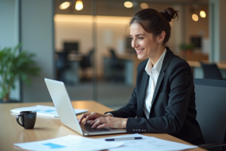 Femme en tenue professionnelle travaillant sur un ordinateur dans un bureau moderne