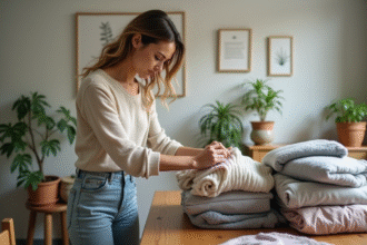 Femme triant des vêtements pliés sur une table ensoleillée